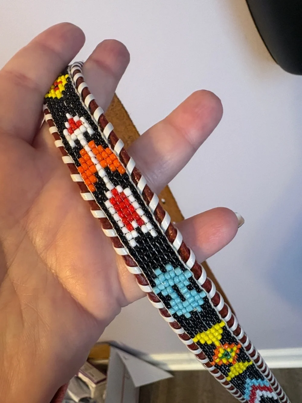 Leather Genuine Cowhide Brown Western Southwestern Beaded Native American Belt